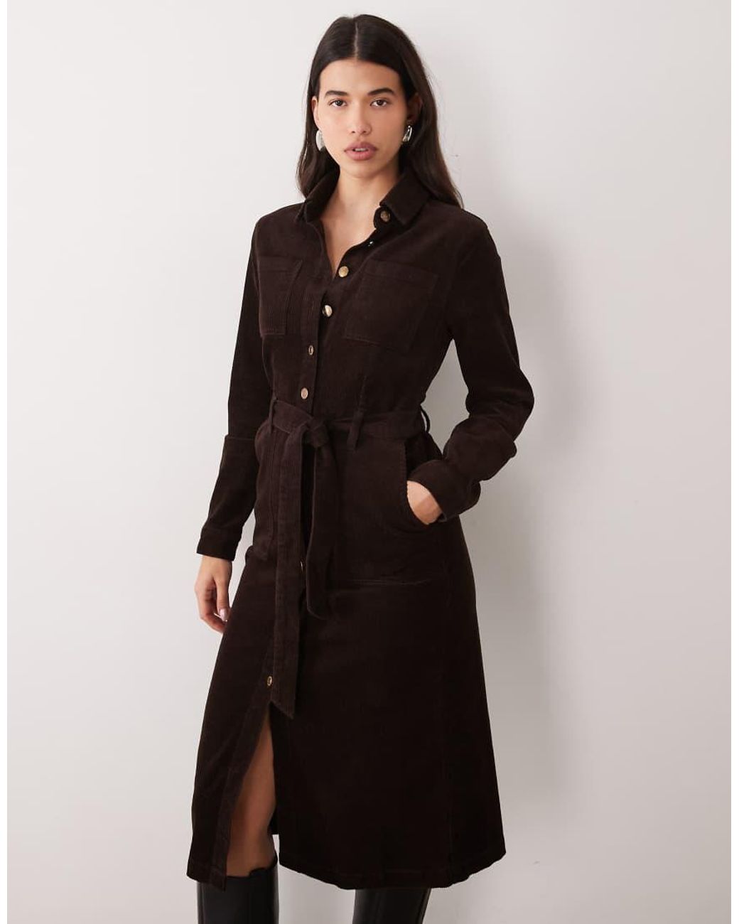 Nobody's Child Black Noah Cord Spread Collar Tie Waist Button Down Midi Shirt Dress