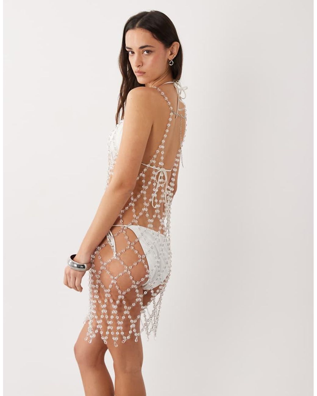 Miss Selfridge Natural Beach Premium Embellished Sheer Cowl Back Mini Dress