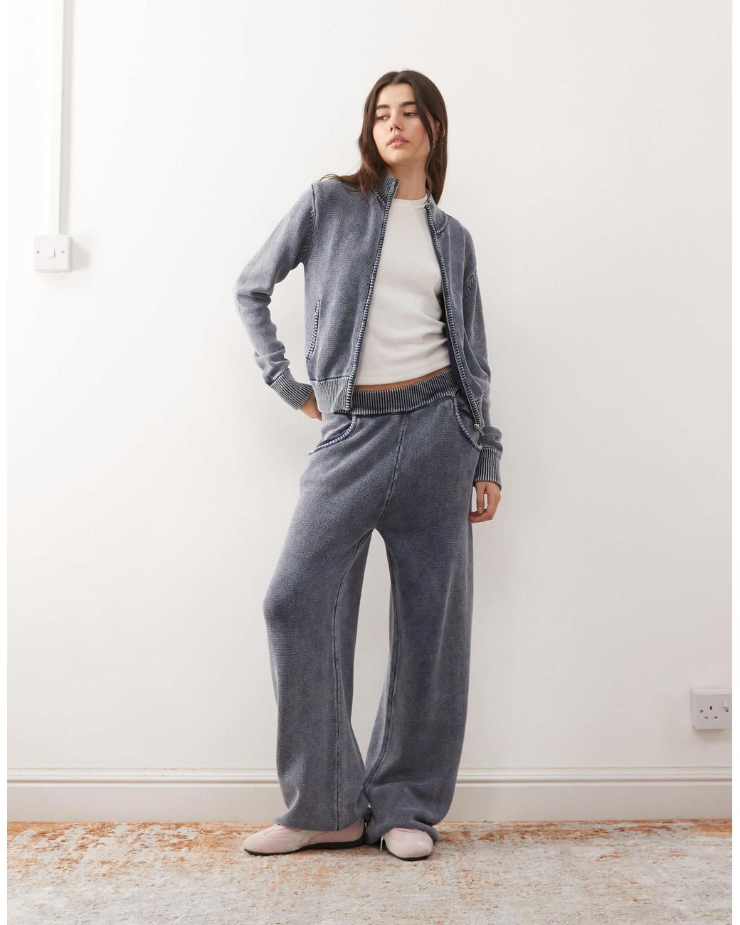 Pull zippé gaufré d'ensemble - délavé Collusion en coloris Blue