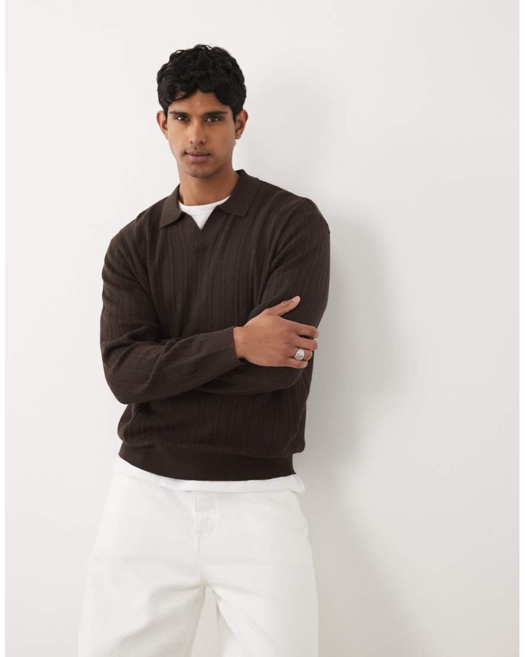 Redefined Rebel Brown Boxy Oversized V-neck Knitted Jumper With Collar for men