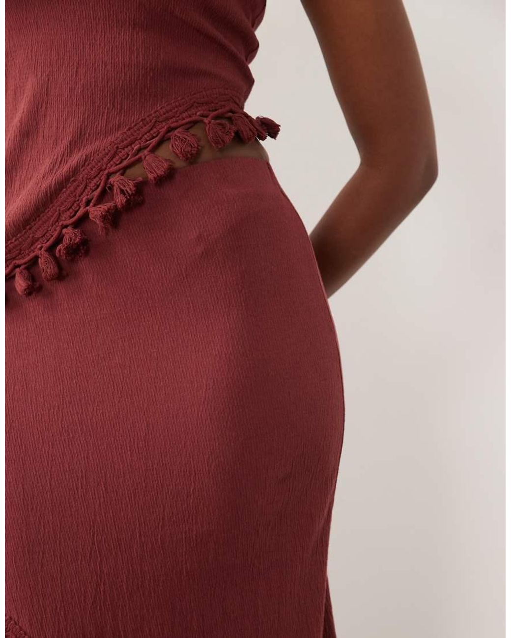 ASOS Red Co-ord Crinkle High Split Skirt With Tassel Detail