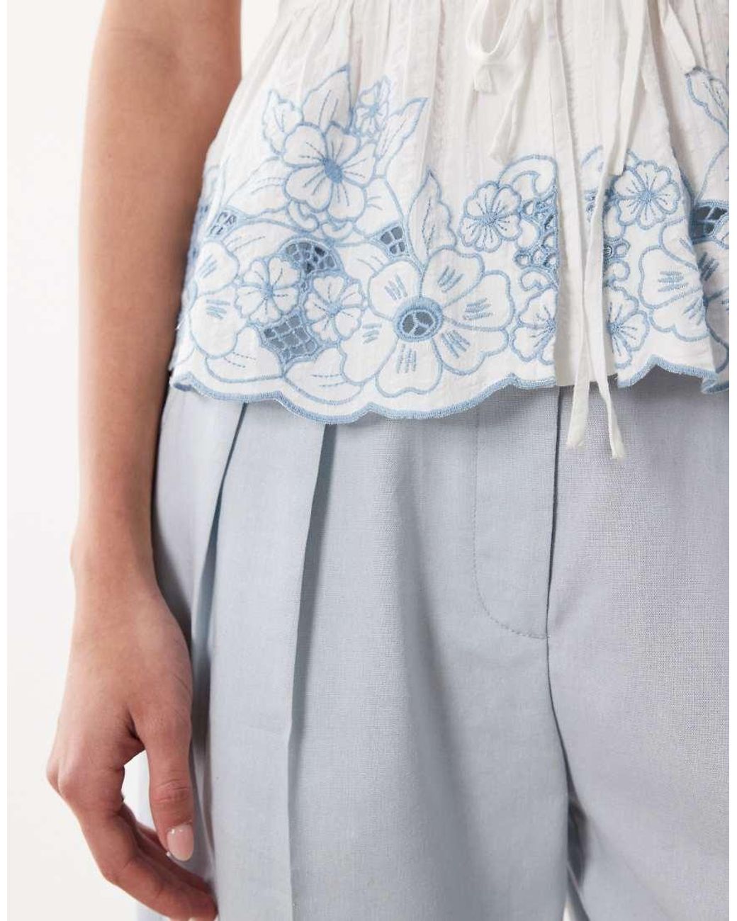 Nobody's Child White Aries Cotton Puff Sleeve Tie Detail Contrast Embroidered Top