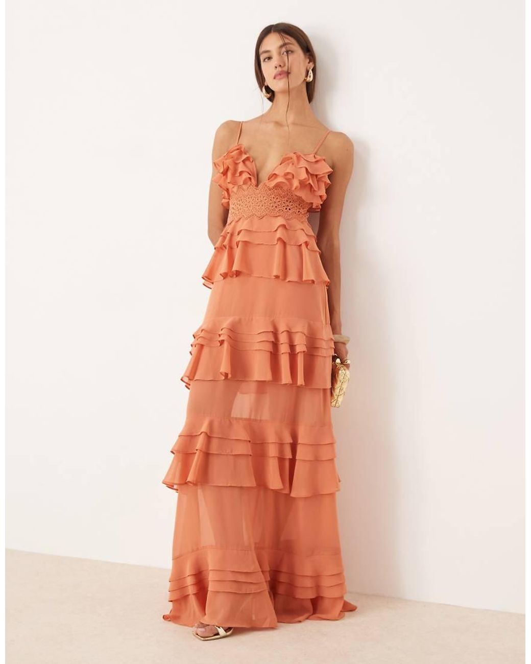 True Decadence Orange Tiered Ruffle V-Neck Maxi Dress