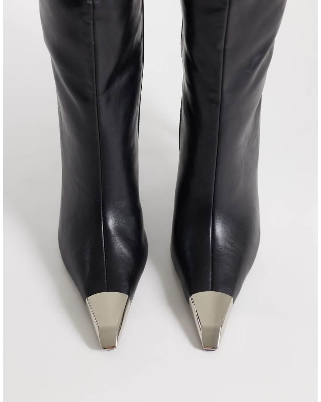 Public Desire Black Radiate Stiletto Heel Knee Boots With Pointed Metal Toe