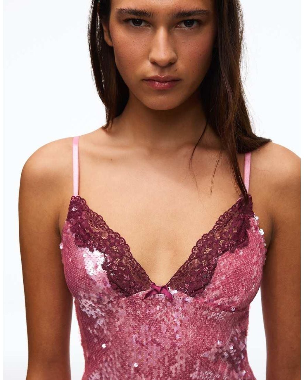 Bershka Red Sequin Lace Thin Strap Top