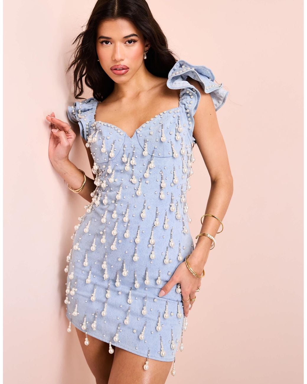 ASOS Pearl Embellished Tassel Denim Mini Dress in Blue | Lyst ASOS Pearl Embellished Tassel Denim Mini Dress in Blue | Lyst