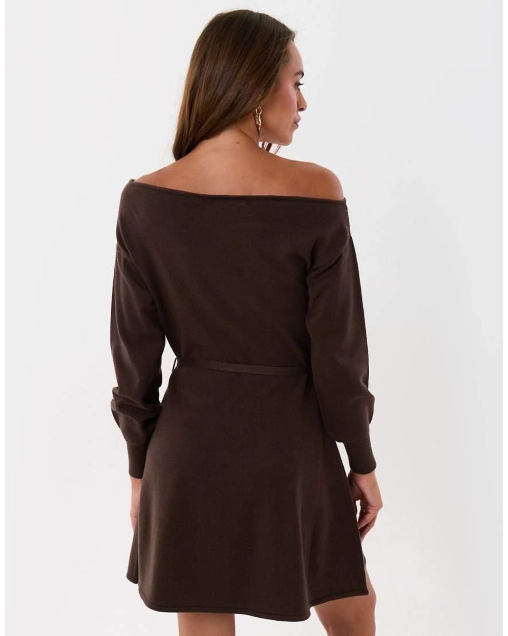 Threadbare Brown Slash Neck Belted Mini Jumper Dress