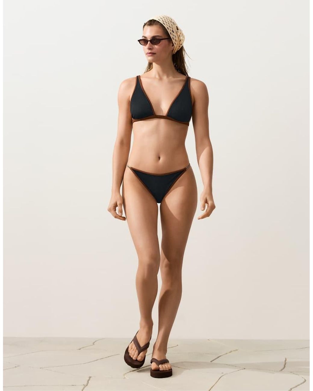 Oysho Brown Contrast Braid Medium-coverage Bikini Briefs