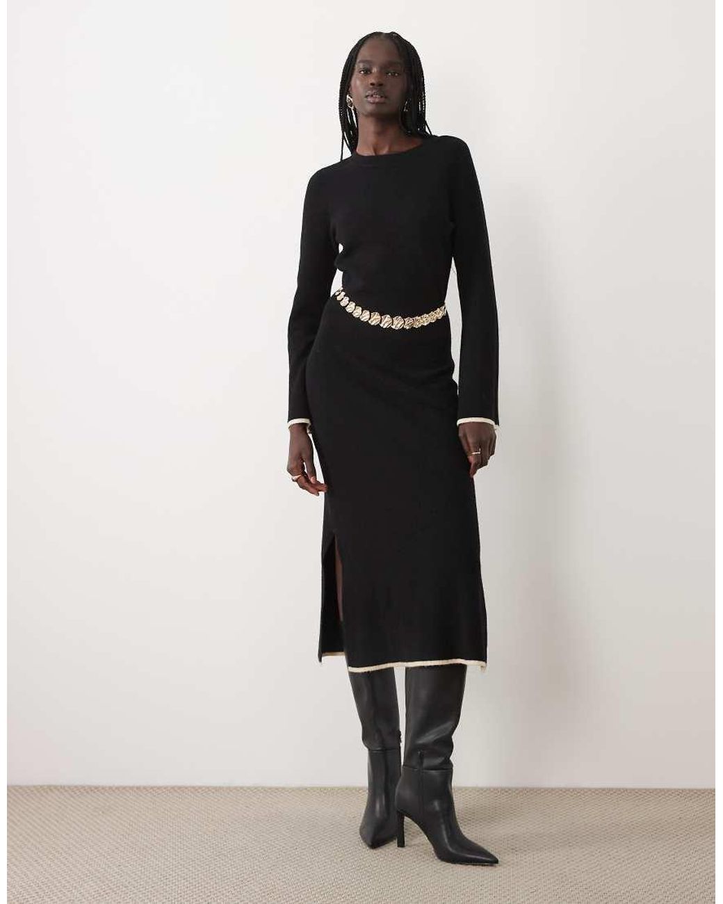 Vila Black Fluffy Texture Knitted Midi Dress With Constrast Tipping