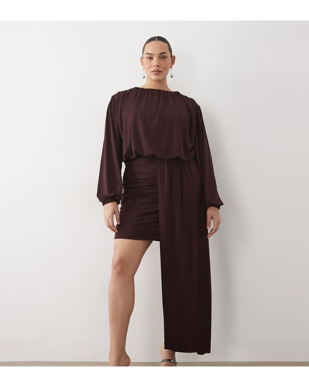 Pretty Lavish Curve Brown Jersey Blouson Sleeve Draped Sash Detail Mini Dress