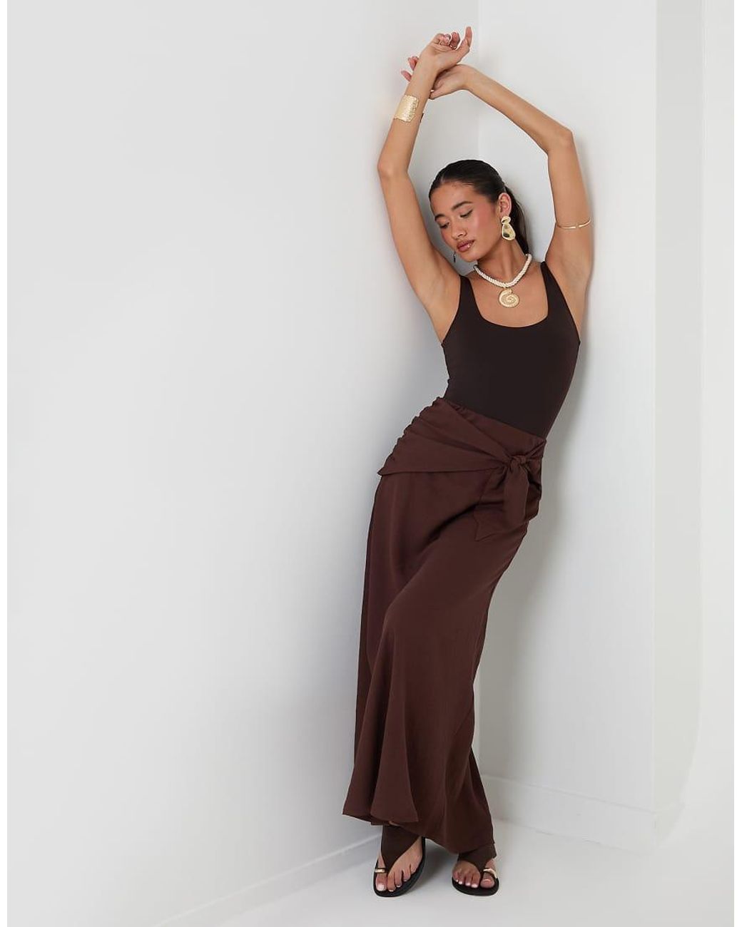Threadbare Brown Tie Sash Midi Skirt