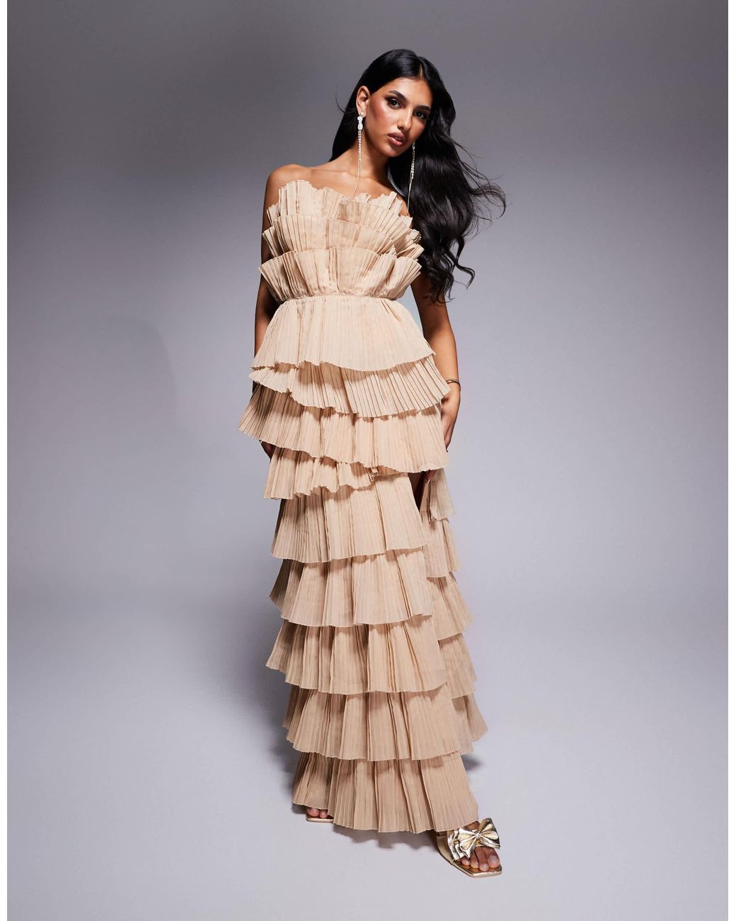 ASOS Pleated Organza Bandeau Maxi Dress With Side Split in Brown | Lyst