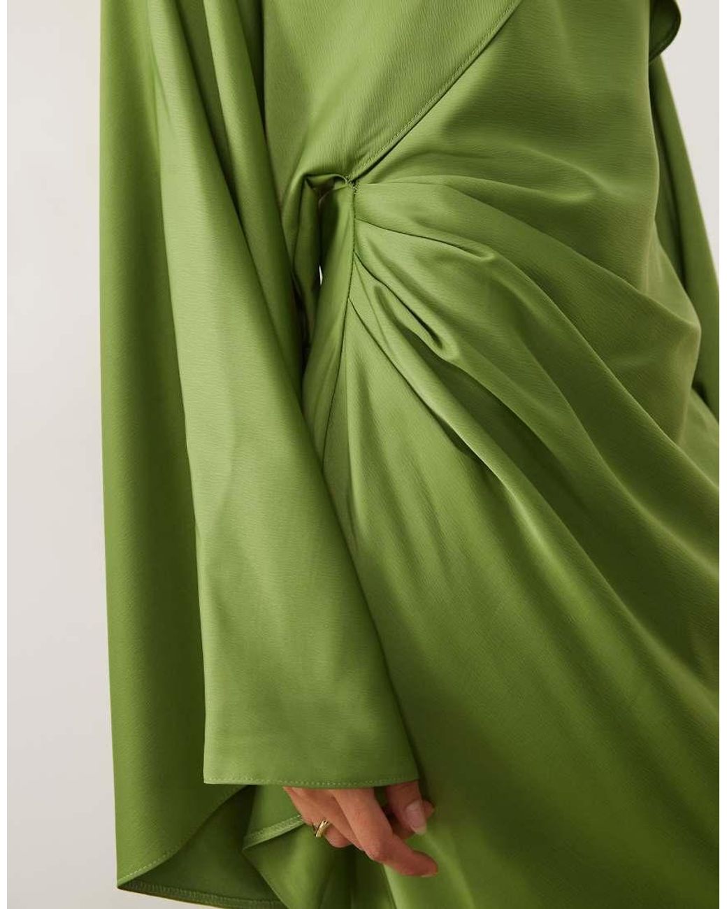 ASOS Green Draped Long Sleeve Cross Front High Neck Satin Maxi Dress