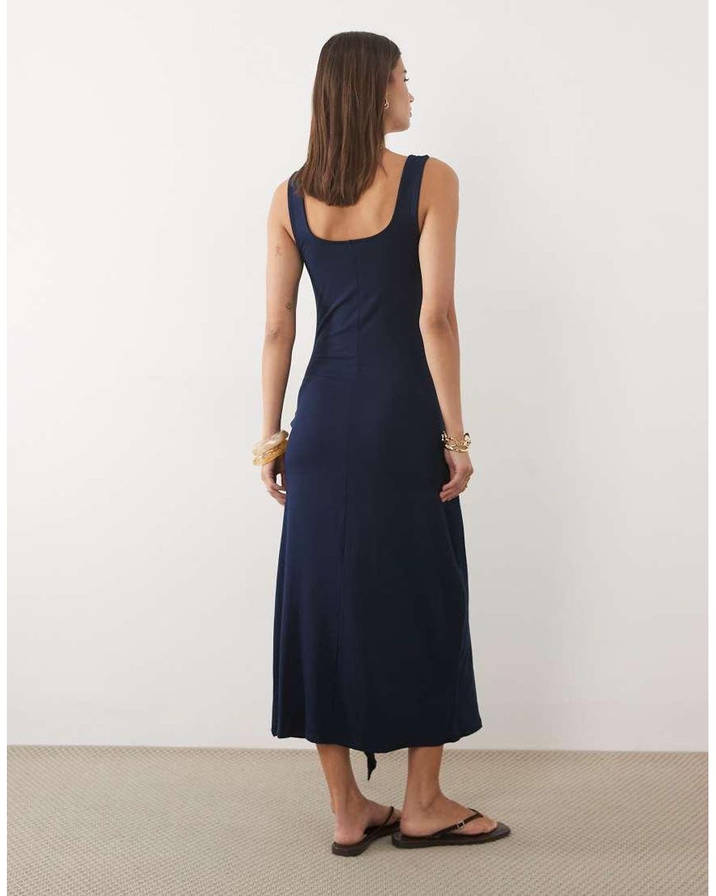 ASOS Blue Square Neck With Tie Detail Midi Dress