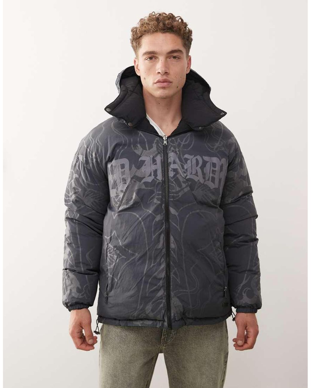 Ed Hardy Flaming Rose Outline Reversible Puffer Coat in Grey for