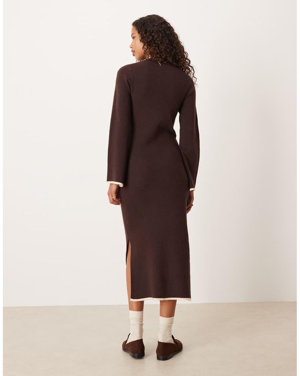 Vila Natural Fluffy Texture Knitted Midi Dress With Constrast Tipping