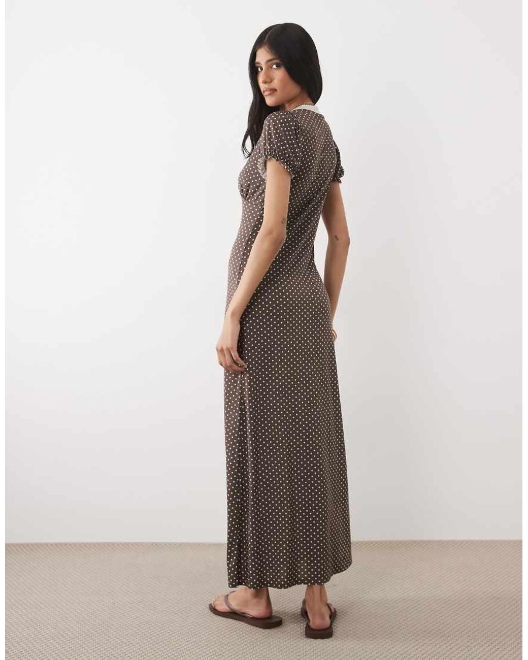 Miss Selfridge Brown V-Neck Maxi Tea Dress With Lace Trim