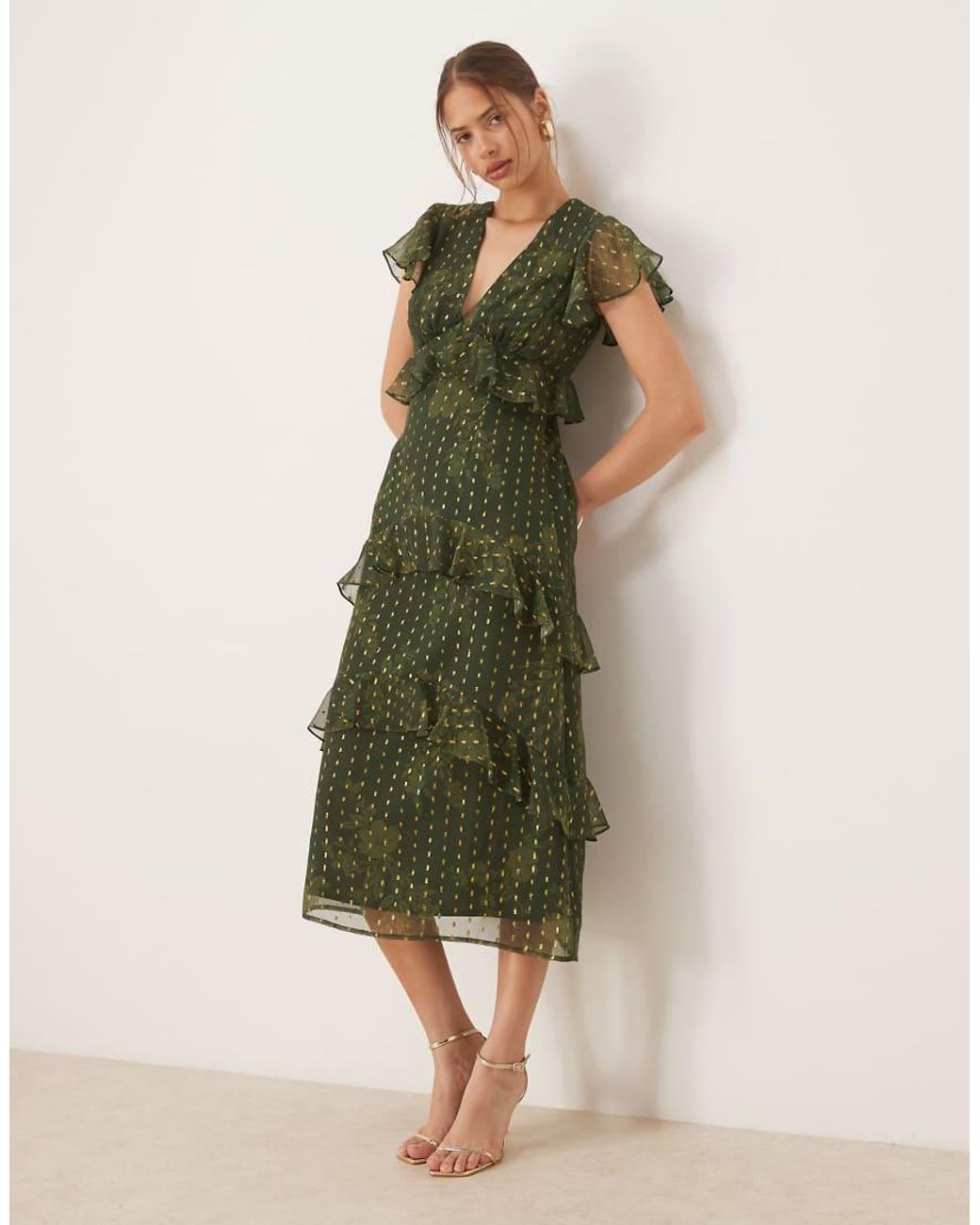ANAYA Green Metallic Accent Floral V Neck Midi Dress