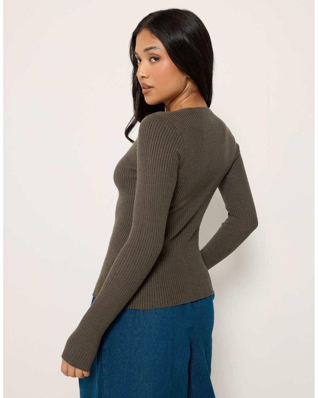 PixieGirl Brown Petite Ribbed Button Scoop Neck Jumper