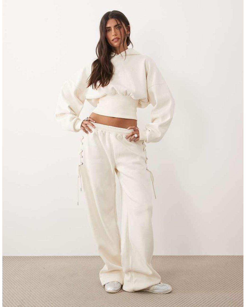 Kaiia Natural Cotton Rich Cinched Waist Lace Up Corset Detail Hoodie Co-ord