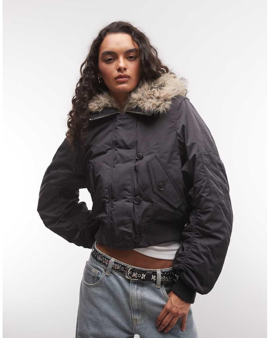 Weekday Gray Cropped Bomber Jacket With Faux Fur Zip Hoodin Dark
