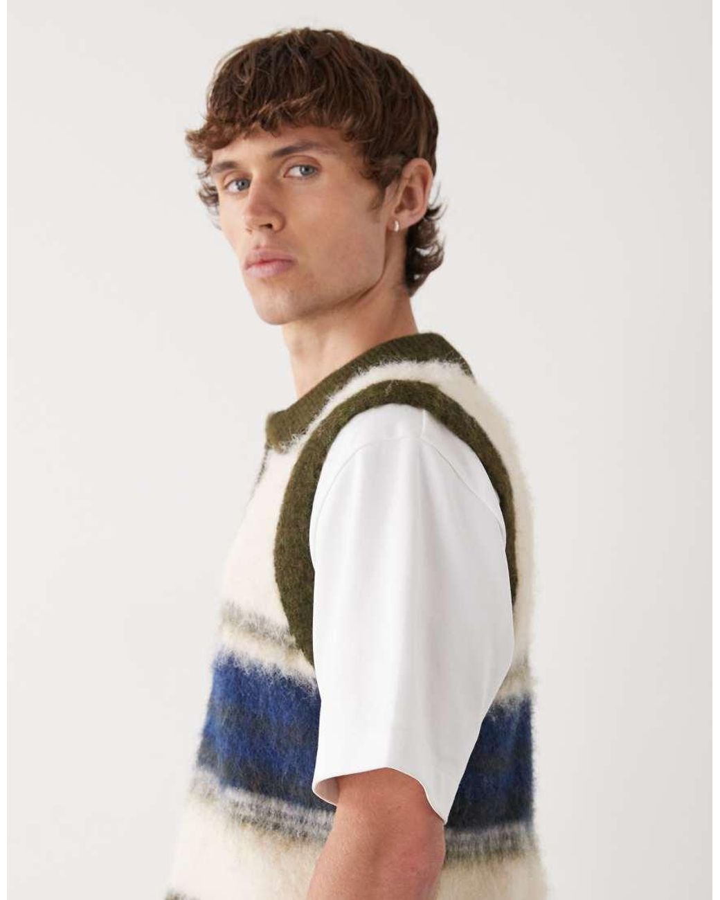 Reclaimed Vintage White Fluffy Knitted Tank With Collar Detail for men