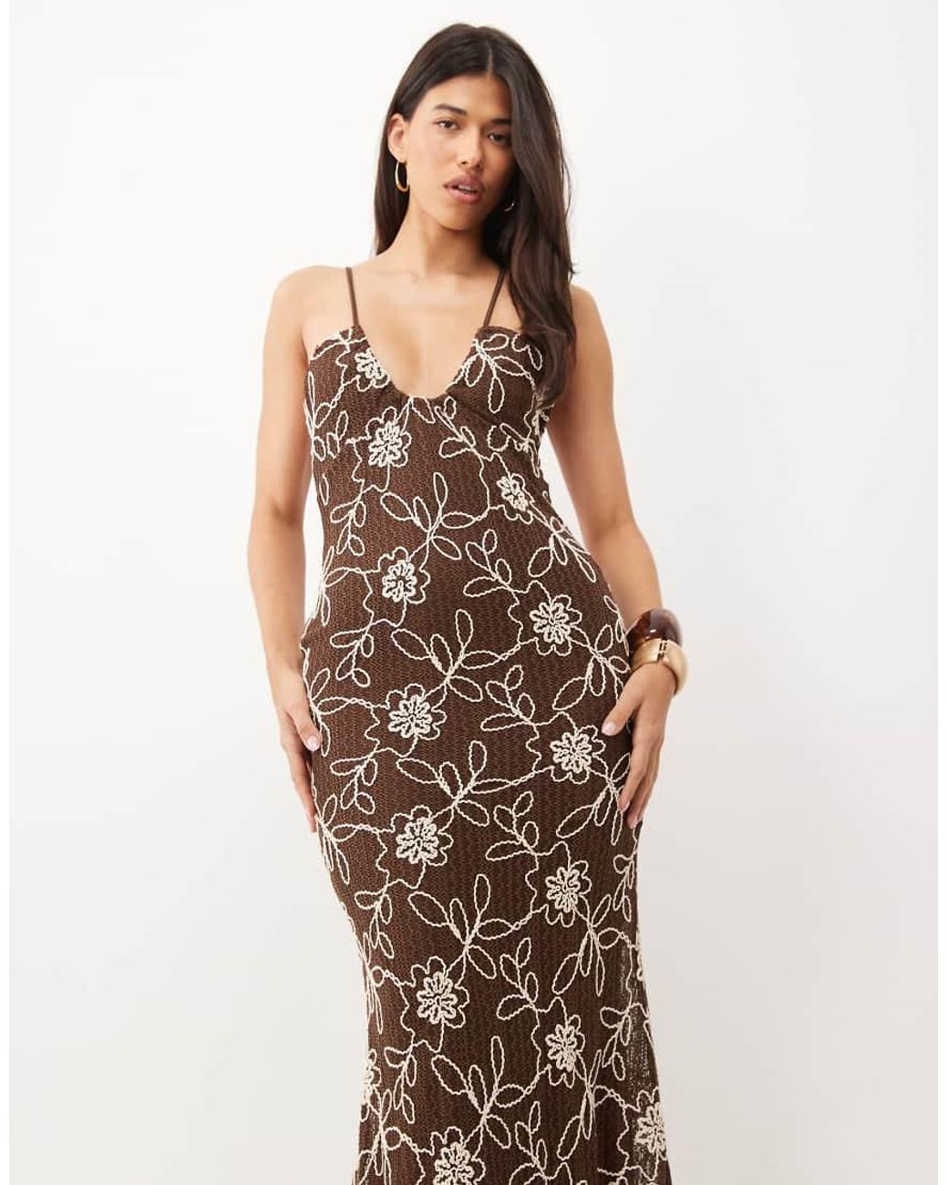 ASOS Brown Embroidered Crochet Maxi Dress With U Scoop