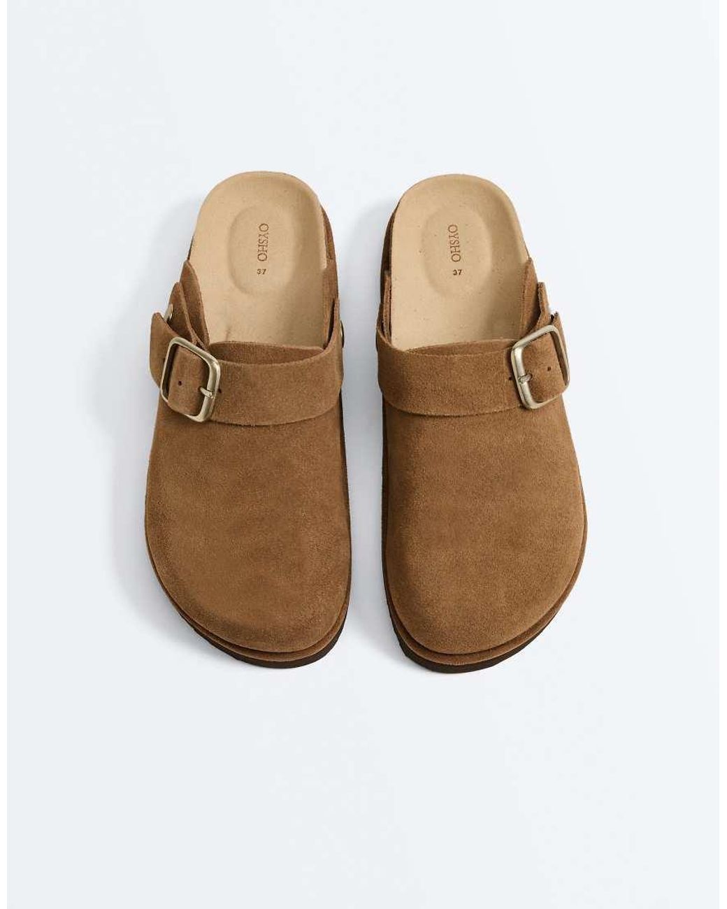 Oysho Brown Split-leather Buckled Mules