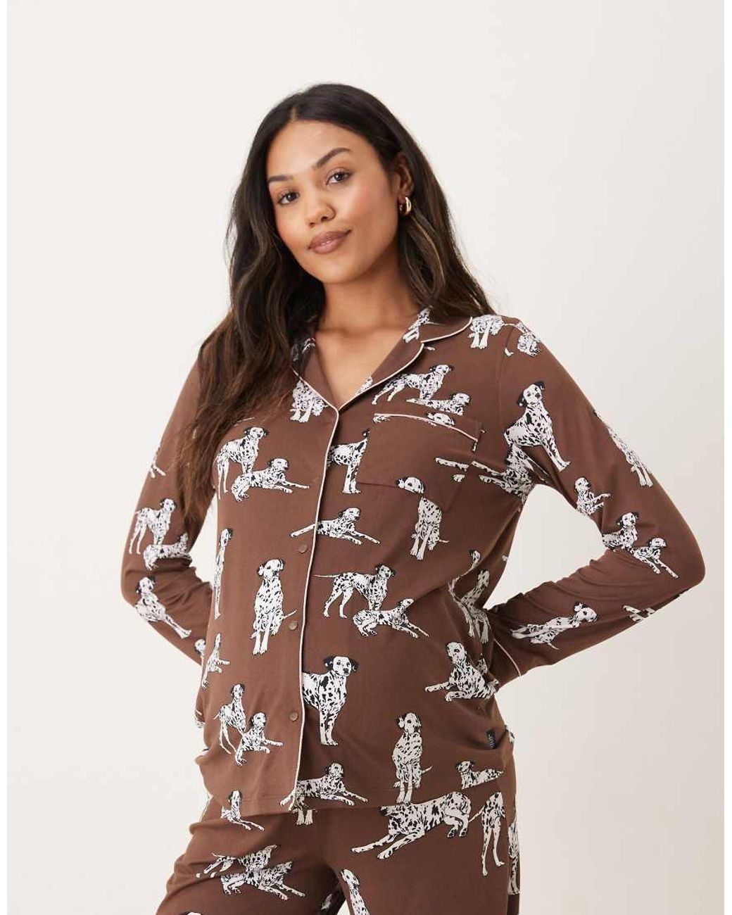 Chelsea Peers Brown Exclusive Maternity Dalmation Long Sleeve Revere & Trouser Pyjama Set