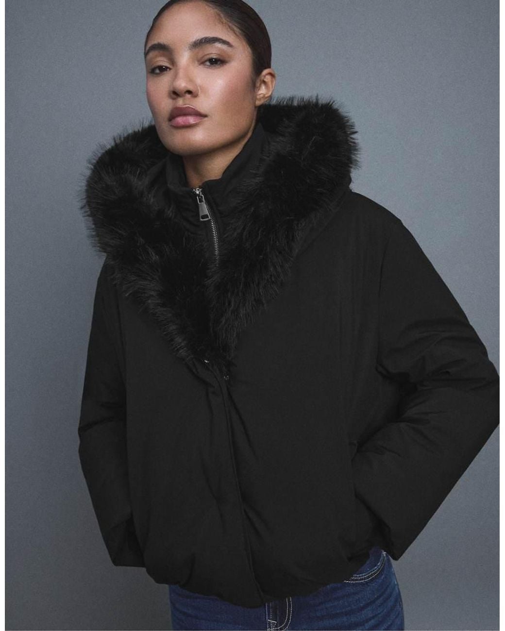 Stradivarius Blue Padded Jacket With Hood And Faux Fur