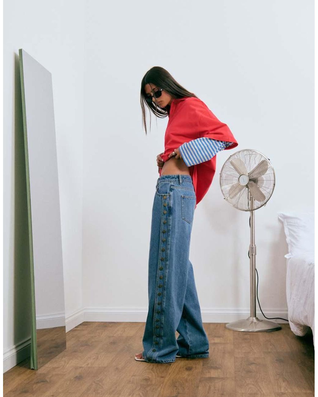 Lioness Blue Exclusive Sloane Side Button Detail Relaxed Leg Jeans