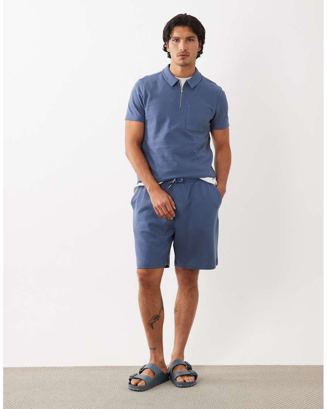 New Look Blue Textured Zip Polo T-shirt for men