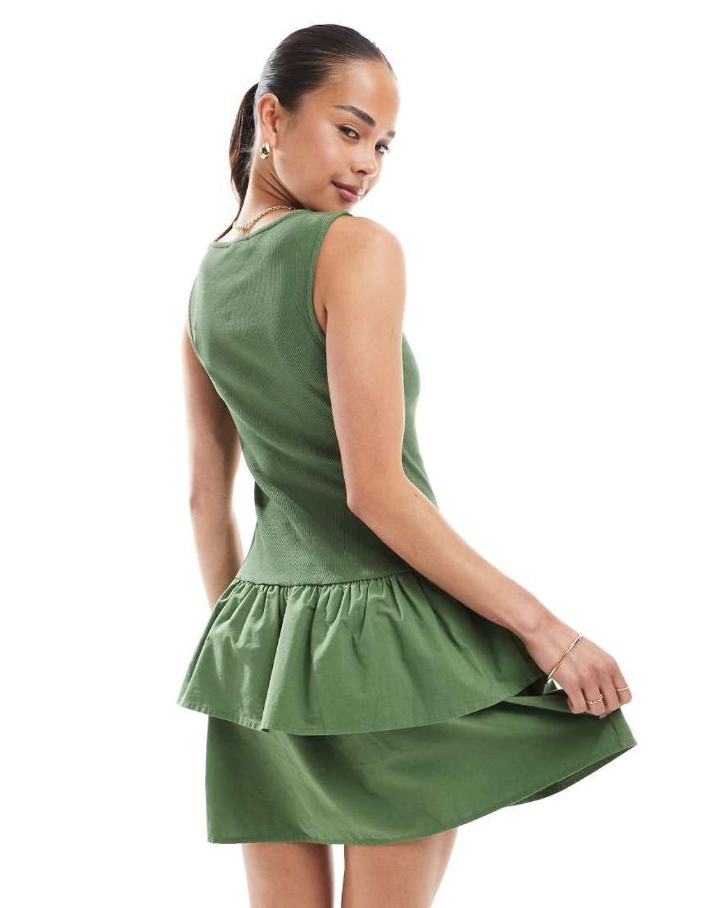 New Look Green Jersey Ribbed Tiered Skirt Mini Dress