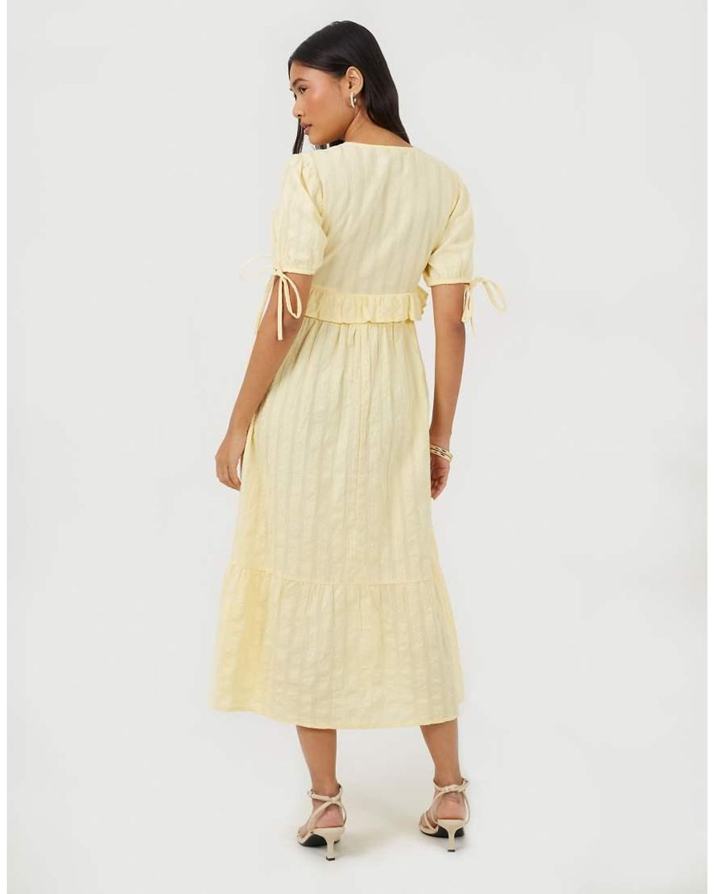 Brave Soul Natural Puff Sleeve Maxi Dress With Tie And Ruffle Details