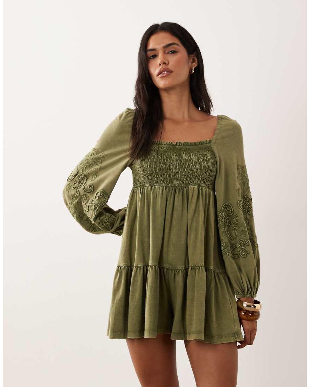 Miss Selfridge Green Long Sleeve Playsuit With Embroidery
