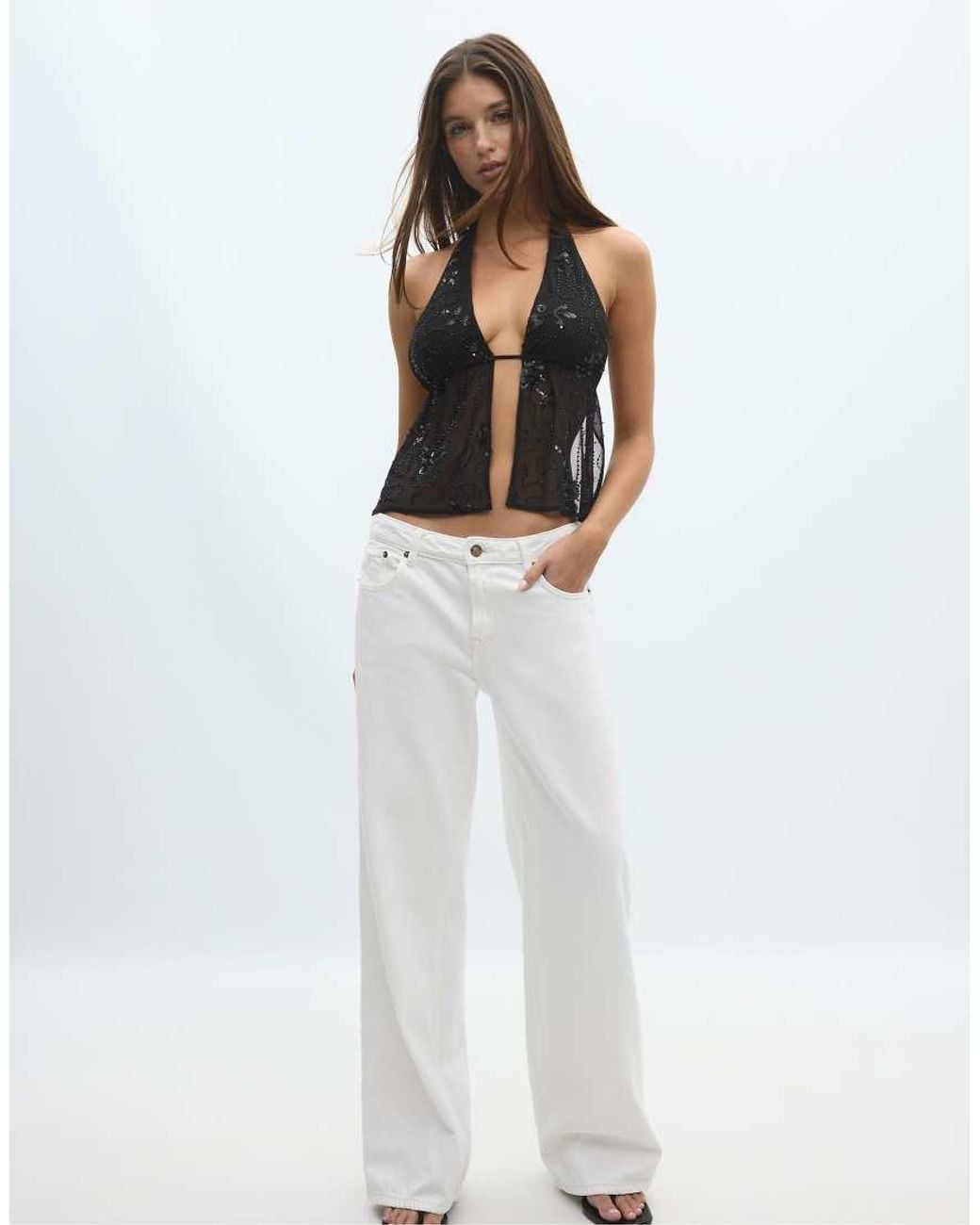 Stradivarius White Embroidered Halter Top With Rhinestones