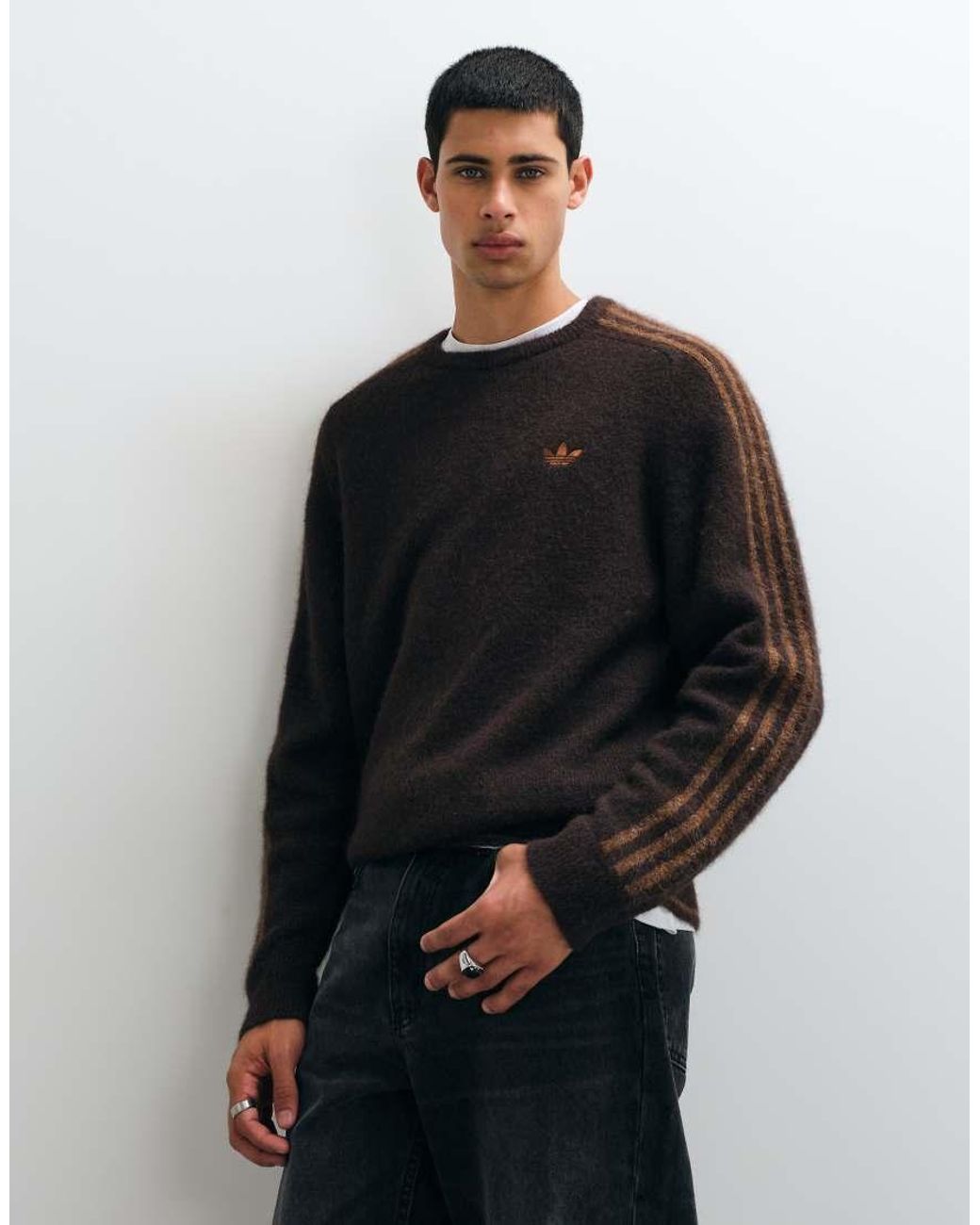 Adidas Originals Black Three Stripe Fluffy Knitted Jumper for men