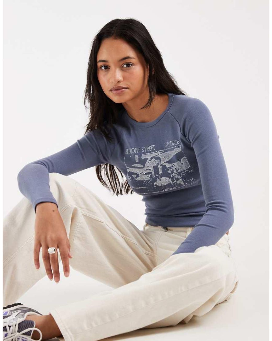 Hollister Blue Graphic Fitted Long Sleeve T-shirt