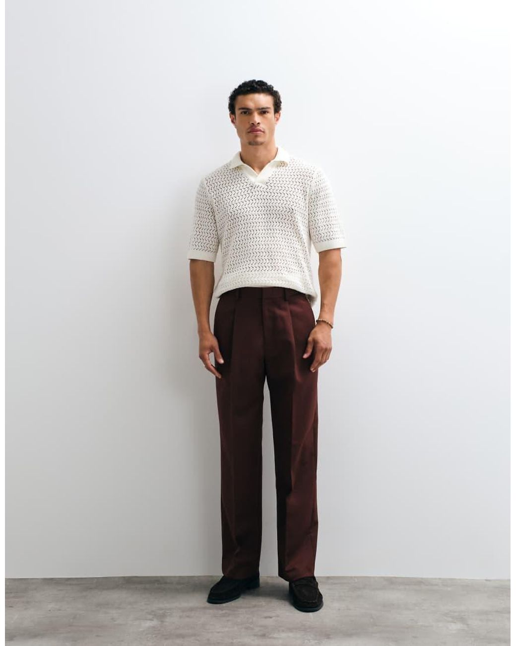 Only & Sons White Open Knit Split Neck Polo for men