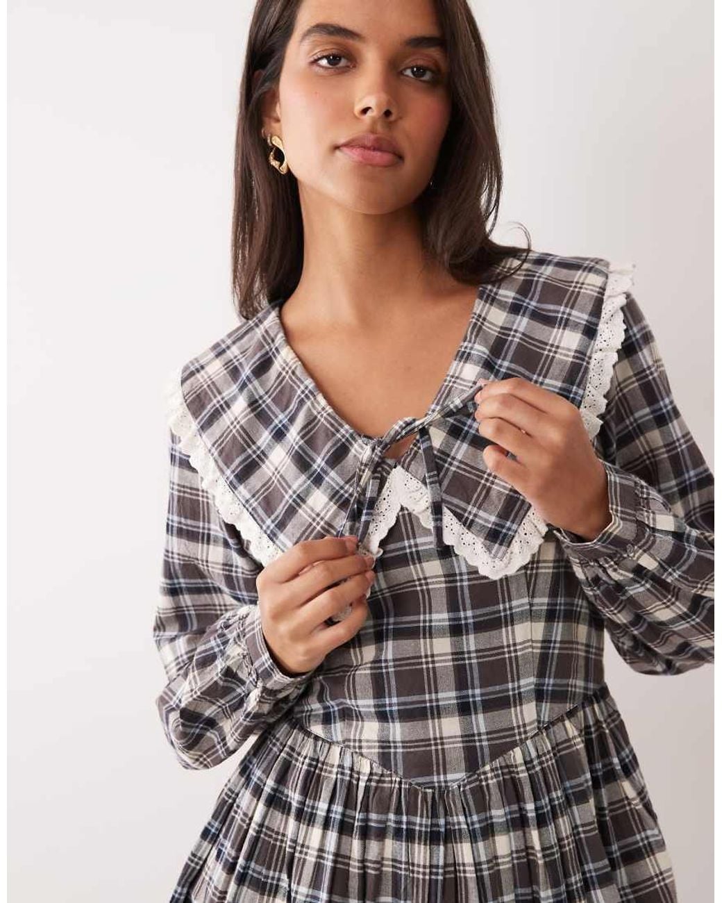Nobody's Child Brown Kia Cotton Oversized Collar Balloon Sleeve Smock Mini Dress