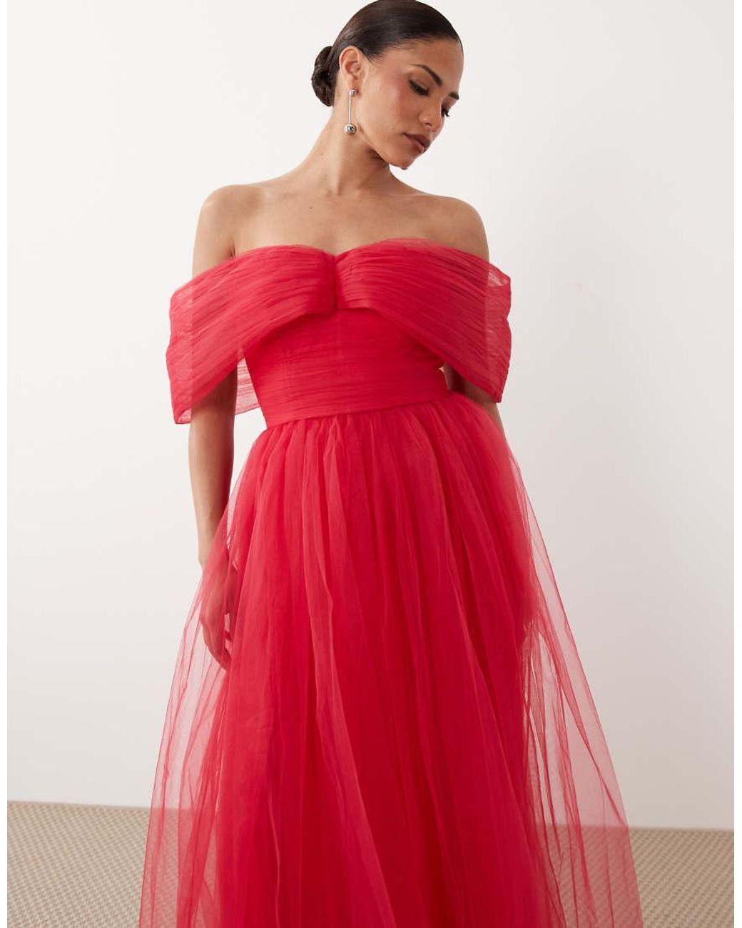 LACE & BEADS Red Off Shoulder Tulle Maxi Dress