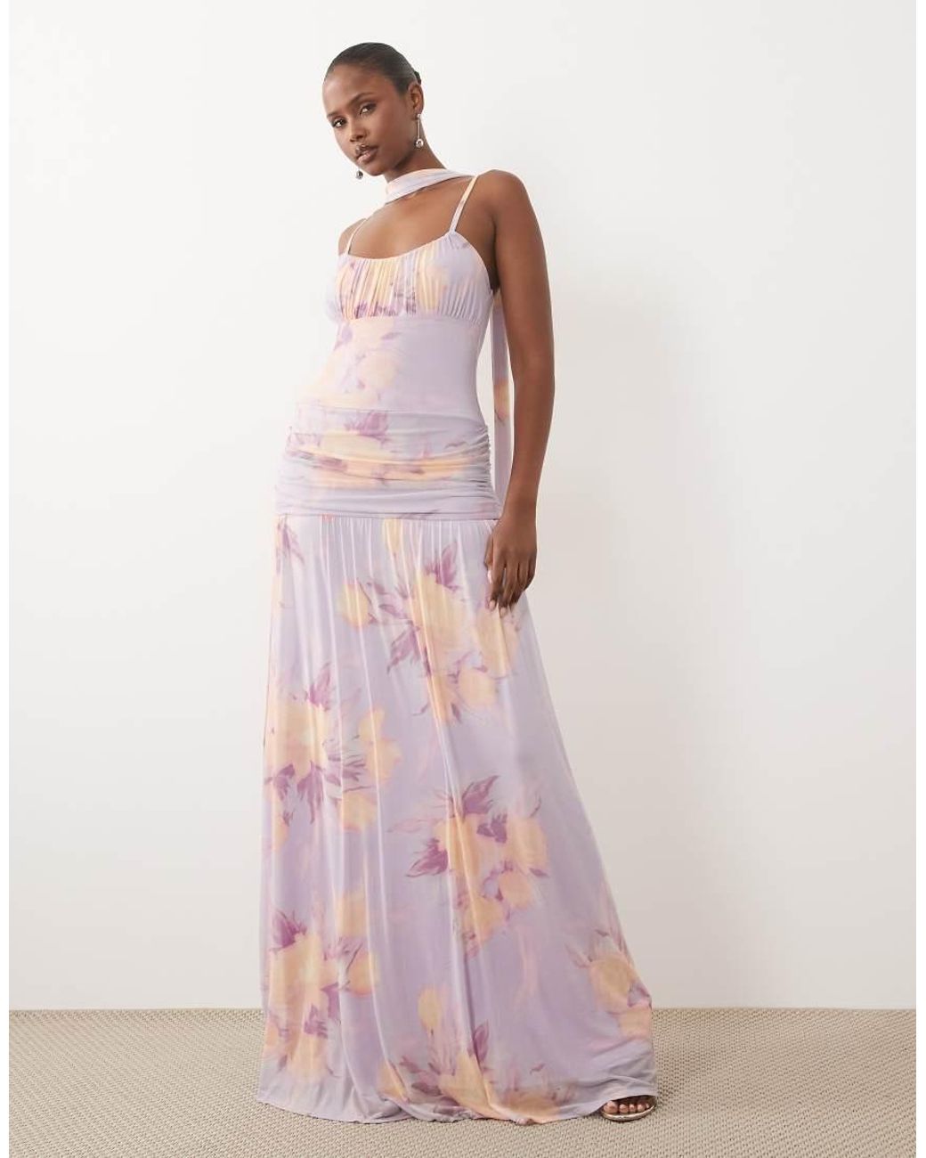 ASOS Pink Printed Mesh Ruched Bust Maxi Dress With Scarf Detail
