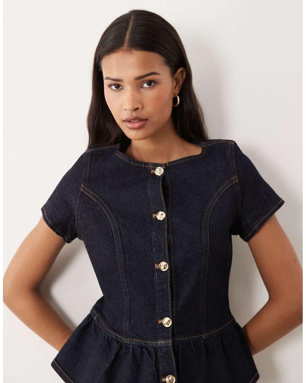 Miss Selfridge Blue Denim Short Sleeve Peplum Top
