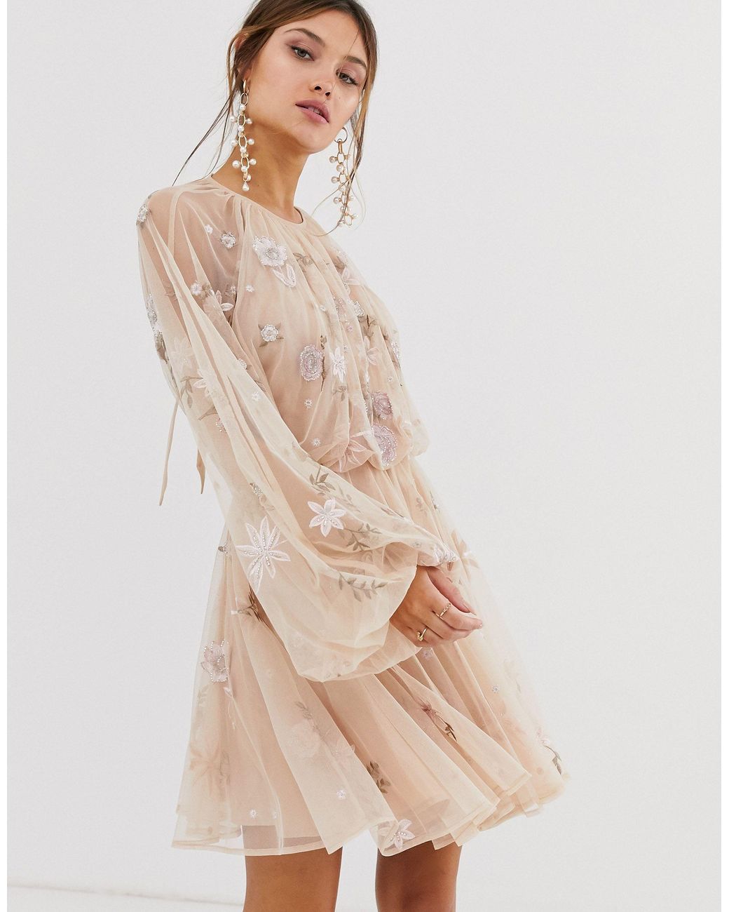ASOS Floral Beaded Mesh Dress With Balloon Sleeve in Natural | Lyst