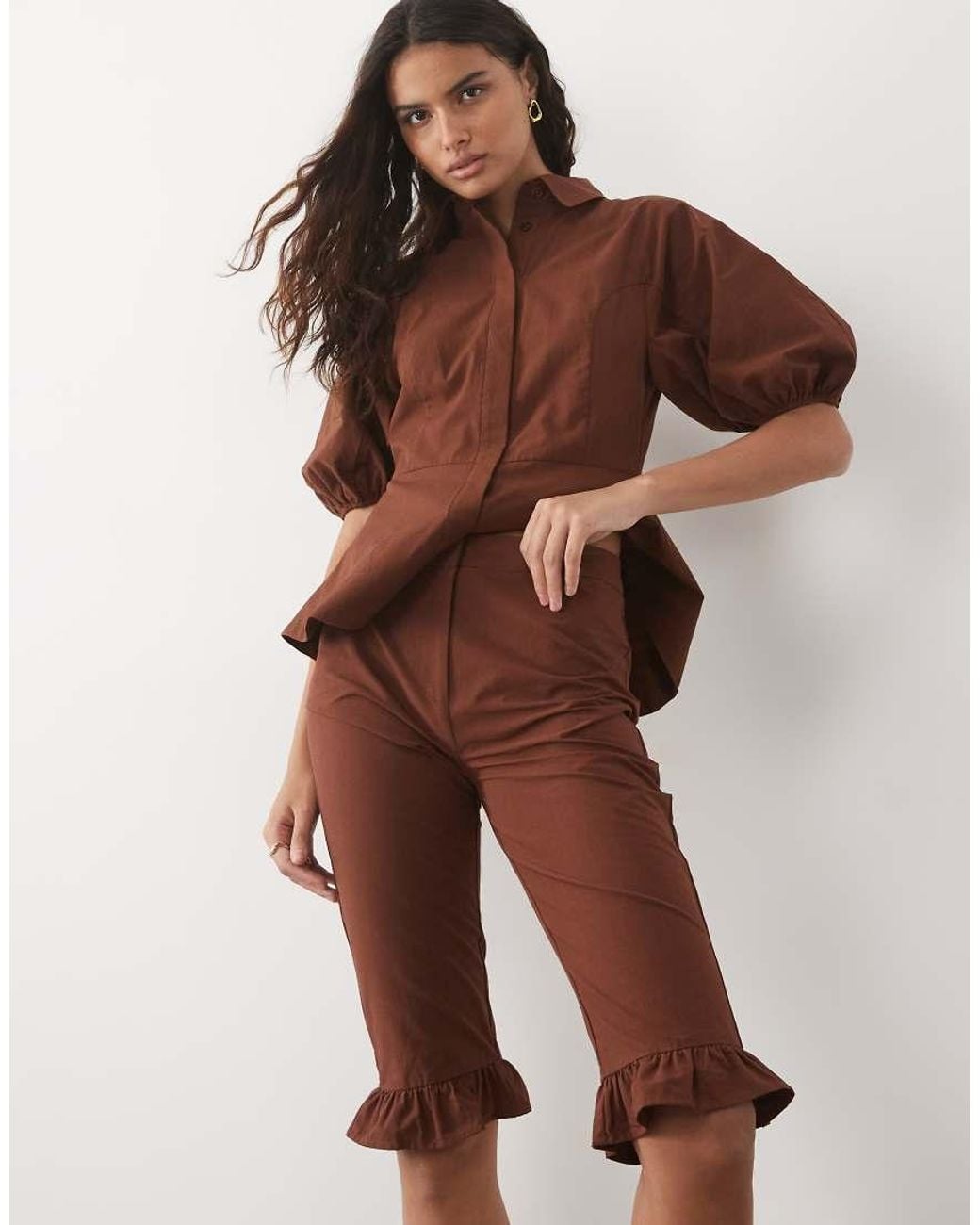 Miss Selfridge Brown Frill Hem Capris Co-Ord