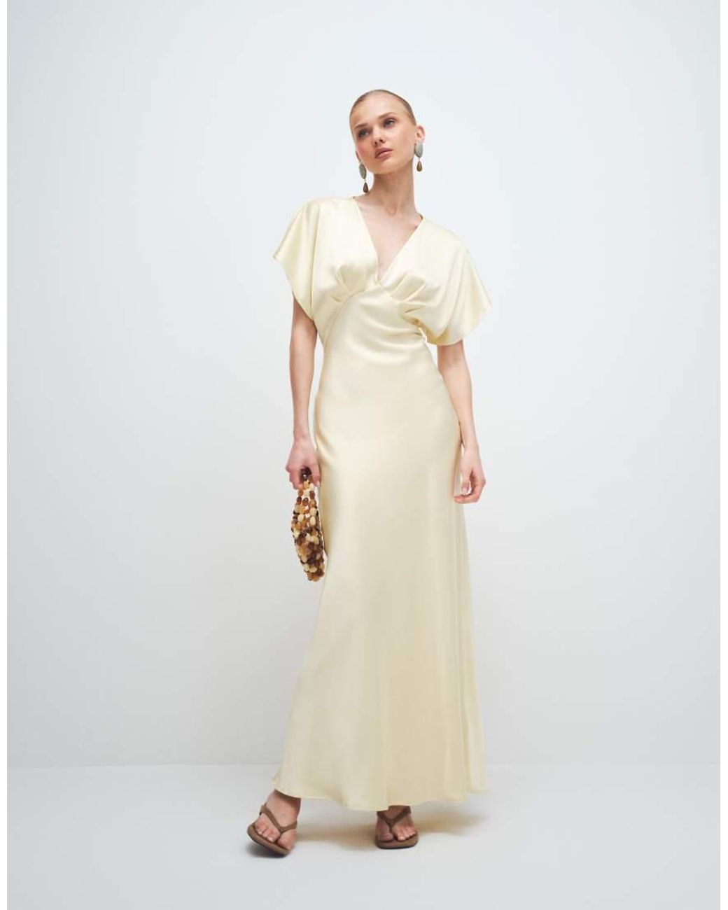 Gina Tricot Natural Batwing Plunge Satin Maxi Dress