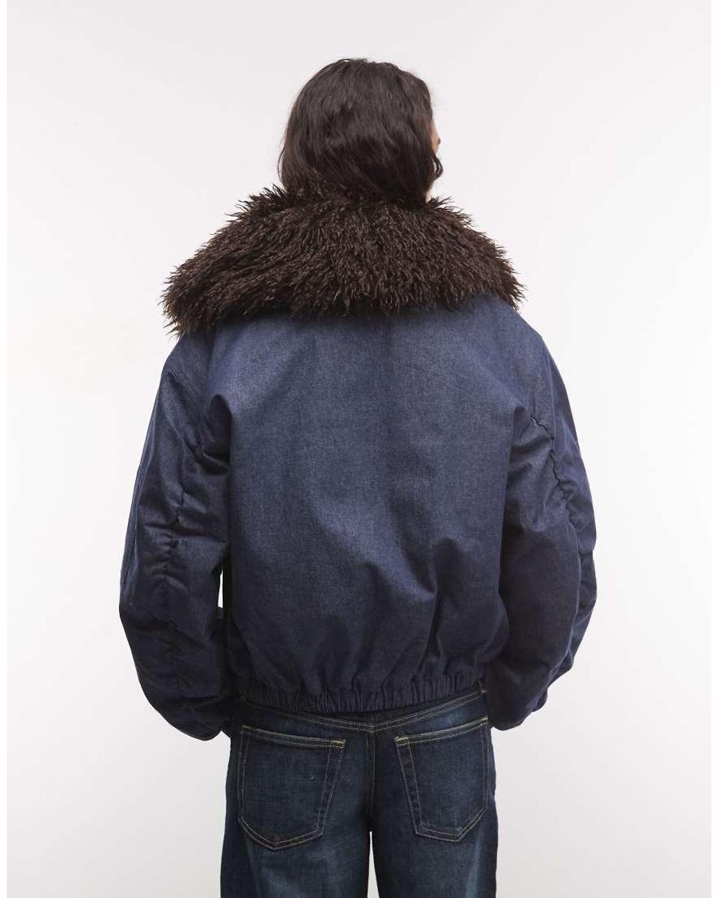 Collusion Blue Padded Bomber Jacket With Faux Fur Collar