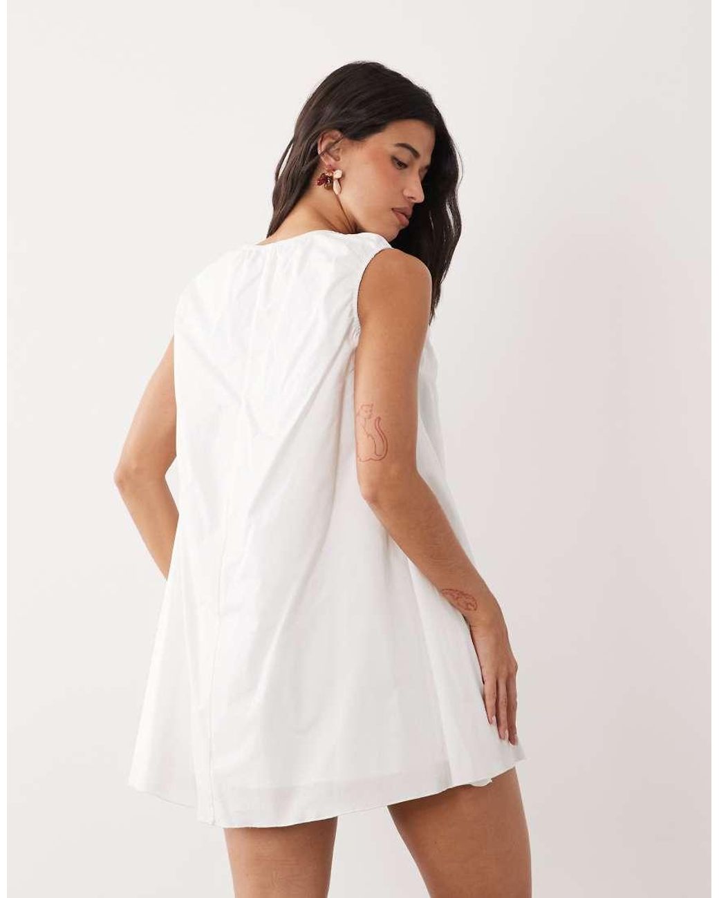 Fashionkilla White Exclusive Poplin Scoop Ruched Neck Detail Trapeze Mini Dress