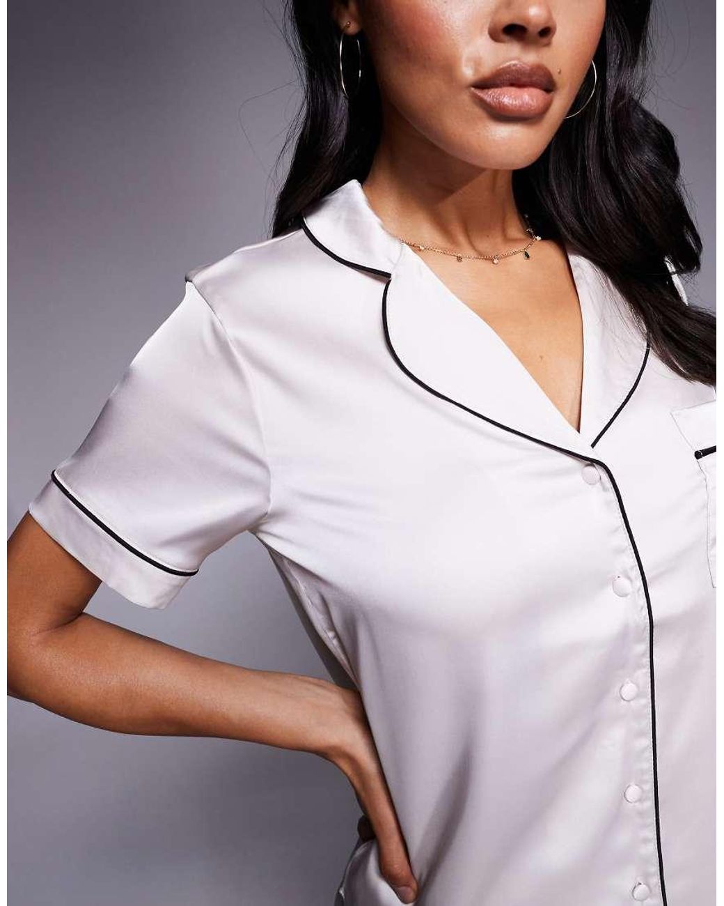 Boux Avenue Brown Luxe Satin Revere Top And Shorties Set With Piping Detail