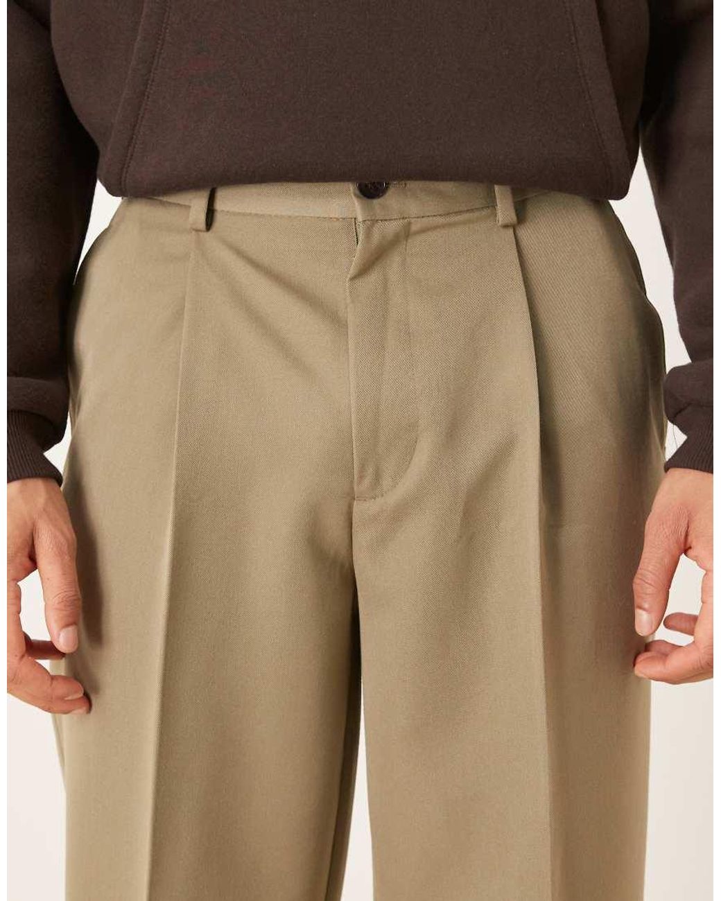 ASOS Natural Tailored Pleated Oversized Tapered Trousers And Exposed Button for men